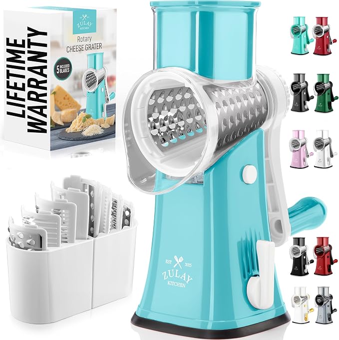 Zulay Kitchen Rotary Cheese Grater 5 Blade Cheese Shredder - Manual Hand Crank Cheese Grater With Reinforced Suction & 5 Interchangeable Drums - Easy to Use, Vegetable Chopper Round Mandoline Slicer