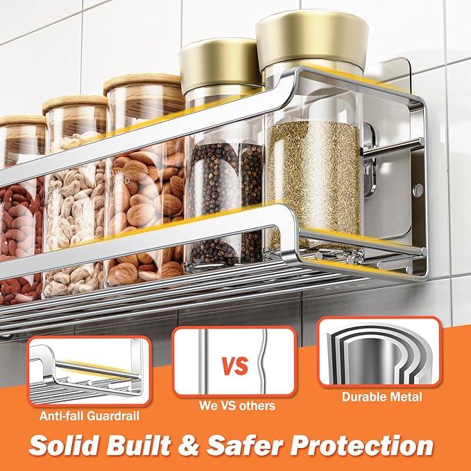 Bunoxea Spice Rack Wall Mounted 4 Pack, Chrome,For Spice Jars & Seasonings | 4 Removalble Hooks,Screw or Adhesive Hanging, Space-Saving,For Kitchen Cabinet, Pantry Door,Stove,RV Use,11.41x2.75x2.75in