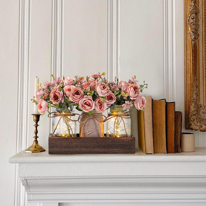 3 Pcs Mason Jar Centerpiece Table Decorations for Dining Table Decor Farmhouse Coffee Table Decor with Wood Tray and Led Light Table Centerpieces for Dining Room Kitchen Living Bathroom,Pink | Rustic Farmhouse Decor for Home Décor Accents Kitchen Count...