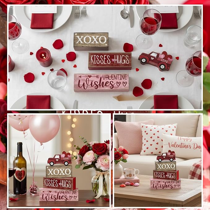 Lineshading 4 Pcs Valentine Signs, Farmhouse Truck Tiered Tray Decor | Wooden Blocks with XOXO Kisses Hugs Text, Rustic Red Truck Topper, Freestanding Tabletop Decor for Shelf Mantel Entry