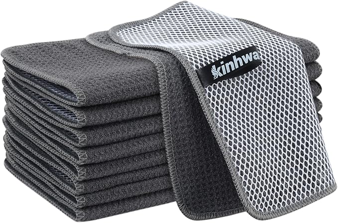 Dish Cloths for Washing Dishes with Scrub Side, Microfiber Dish Rags | Dual-sided microfiber dish cloths with scrubber for stuck-on food, quick dry kitchen washcloths 9 Pack, 9" x 9 Inch Gray-B