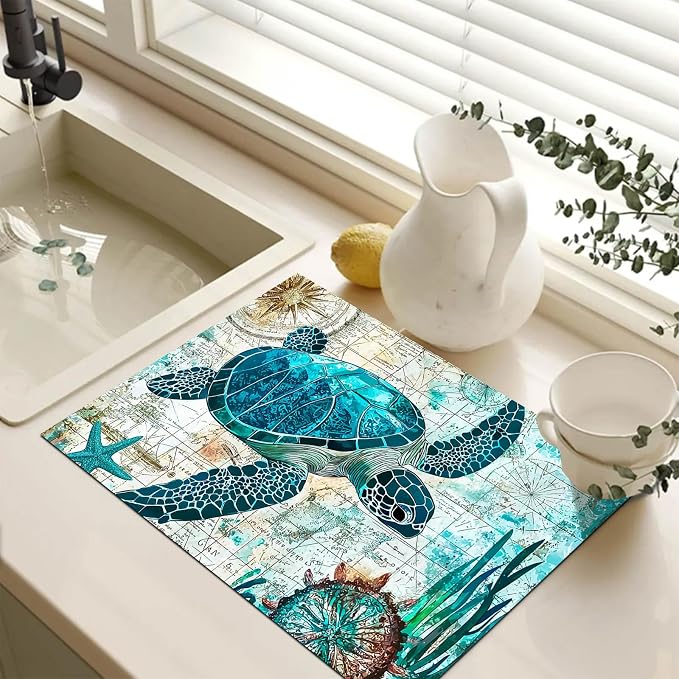 HOMETITUTE Sea Turtle Stove Top Cover 28x20 Ocean Map Diatomite Mat