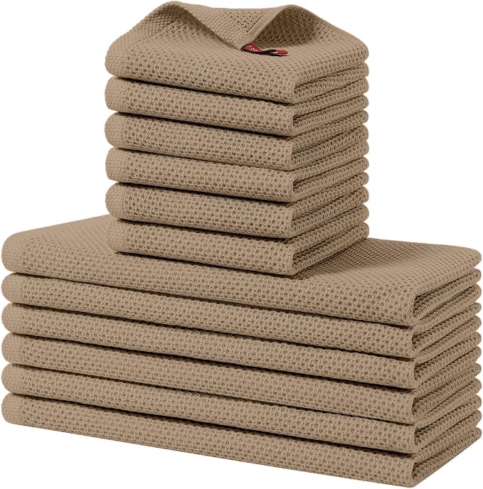 Homaxy 12 Pack 100% Cotton Kitchen Towels and Dishcloths Set, Tan | 12 x 12 Inches and 13 x 28 Inches Kitchen Towels Set, Ultra Soft Absorbent Dish Cloths for Washing Dishes