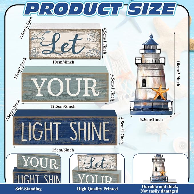 Lineshading 4 Pcs Lighthouse Coastal Decor Wooden Block Signs Rustic | Bathroom Tabletop Decoration for Home, Lighthouse Topper Tiered Display, Let Your Light Shine Phrase Wood Stacking Blocks