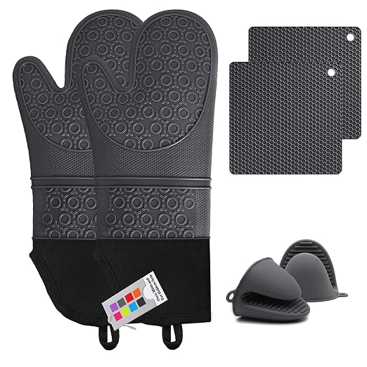 6pcs Silicone Oven Mitts and Pot Holders Sets for Kitchen, Gray | 500°F heat resistant, cotton lining, honeycomb non-slip texture, 15-inch forearm protection, baking cooking gloves