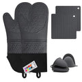 6pcs Silicone Oven Mitts and Pot Holders Sets for Kitchen, Gray | 500°F heat resistant, cotton lining, honeycomb non-slip texture, 15-inch forearm protection, baking cooking gloves