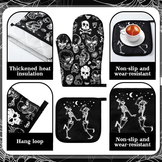 Fourluoo 16 Pcs Black Halloween Kitchen Decor Set Skeleton Towels Rugs | Dishcloths Pot Holders, Non Slip Floor Mats, Heat Resistant Mitts, Scary Curtains, Spooky Gothic Home Decor Accessories