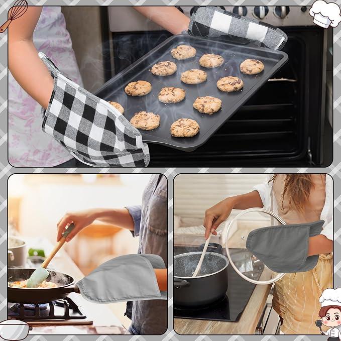 R HORSE 6 Pack Black Gray Check Pot Holders with Pocket, 7''x 9'' | Cotton Plaid Kitchen Potholders, Heat Resistant Oven Mitts, Non-Slip Hot Pads Terry Cloth, Ideal for Cooking, Baking