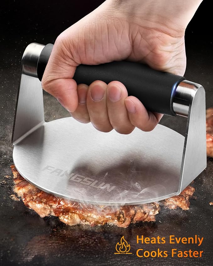 FANGSUN Stainless Steel Burger Press, 5.8 Inch Burger Smasher for BBQ | Heat-Resistant Handle, Dishwasher Safe, Easy Cleanup, Round Flat Base, Smooth Surface, Griddle & Flat Top Grill Use