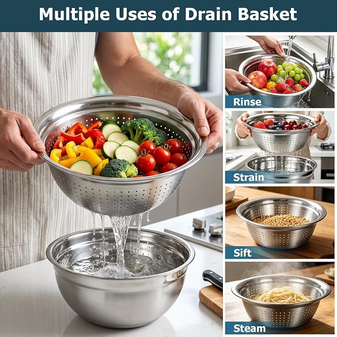 Stainless Steel Mixing Bowls with Lids, Non-Slip Silicone Base Set | 14-piece set with 6.3, 4.3, 3.6 and 2.9 QT bowls, colander, grater and measuring spoons, Stackable for storage