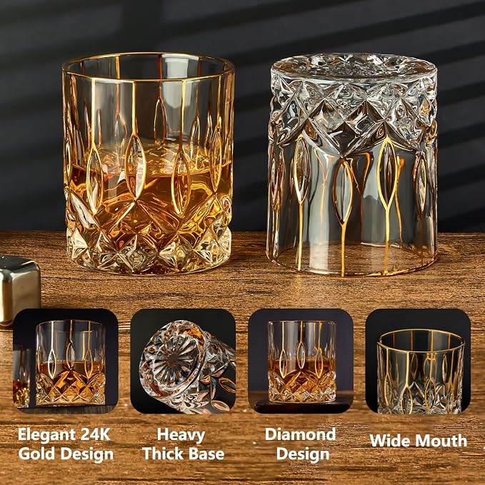 GLASKEY Gold Rim Whiskey Glasses Set of 2,Crystal Old Fashioned Glasses-Luxury Gold Collection,Perfect for Scotch Bourbon Rocks Cognac Vodka Gin Tequila Rum Liquor,Whiskey Gifts for Men