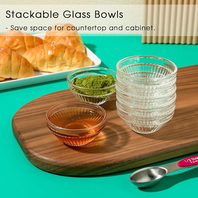 10 Set Mini Glass Prep Bowls, 2.5oz Ribbed Small Bowls Stackable Ingredient Dishes Clear Ramekins Pinch Bowl for Measuring Spices Dipping Sauces