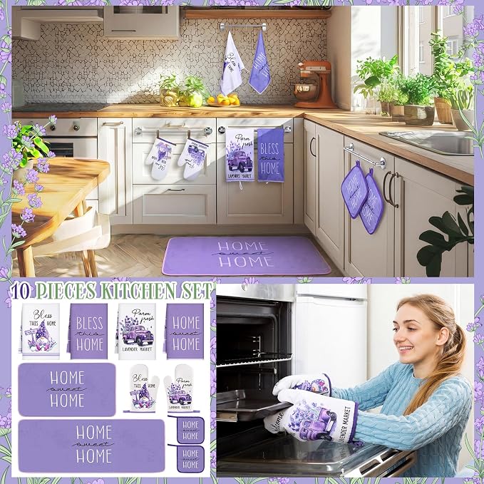 Fourluoo 10 Pcs Lavender Kitchen Decor Set Lavender Kitchen Towels Rugs Oven Mitts and Pot Holders for Cooking Baking Grilling Women Mom Gift