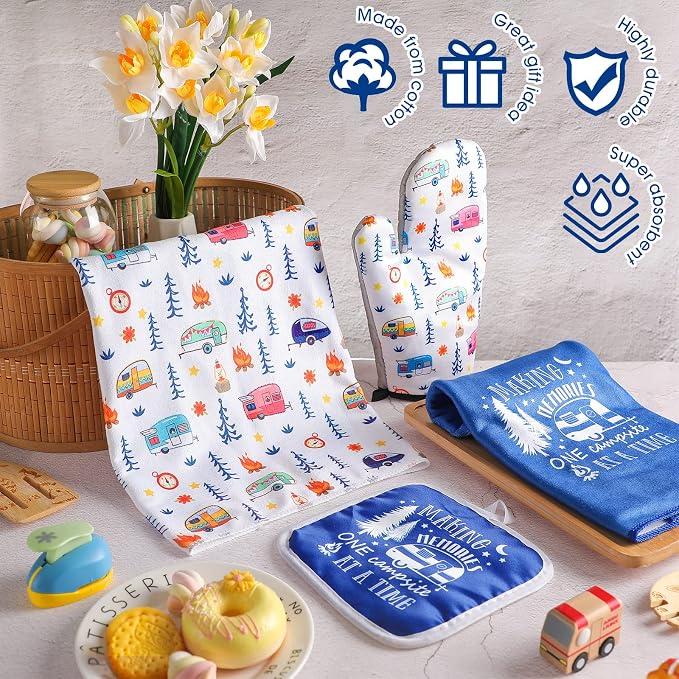 CHENGU 4 Pcs Camping Dish Towel Pot Holder Oven Mitt Gifts Camping Must Have Accessories Essential Making Memories One Campsite at a Time RV Kitchen Towel Absorbent Soft Hand Dishcloth