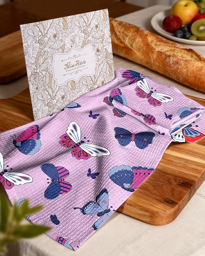 370GSM Cotton Waffle Kitchen Towels, Butterfly | Pure Cotton, Sustainable, Waffle Weave, Terry Cloth, Highly Absorbent, Decorative, 16"x25", with Hanging Loop