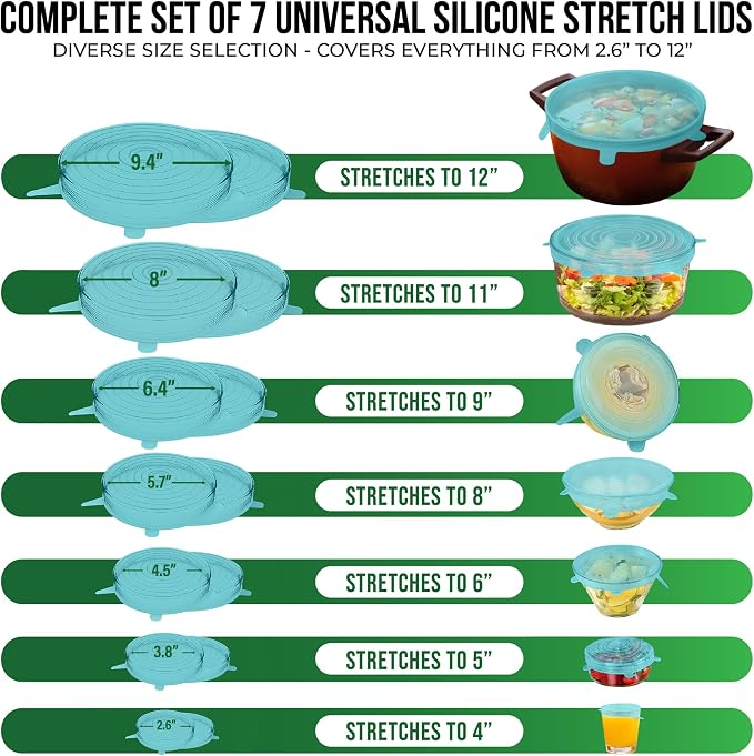 Reusable Silicone Stretch Lids for Food Storage in Fridge - Elastic Heat-Resistant Bowl Covers, Cups, Cans, Jars - Universal Food Grade Lid for Round and Rectangle Containers -7 Pack - Midnight Teal