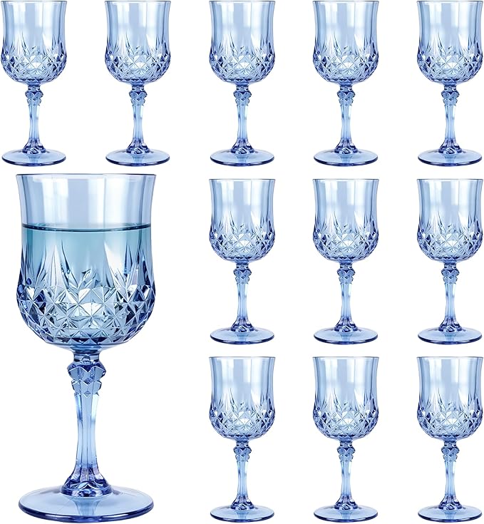 12Pack Plastic Wine Glasses, 7oz Vintage Goblets for Wedding | Unbreakable Crystal Style Reusable Stemware, Elegant Blue Drinking Glass for Party Anniversary & Holiday Celebration