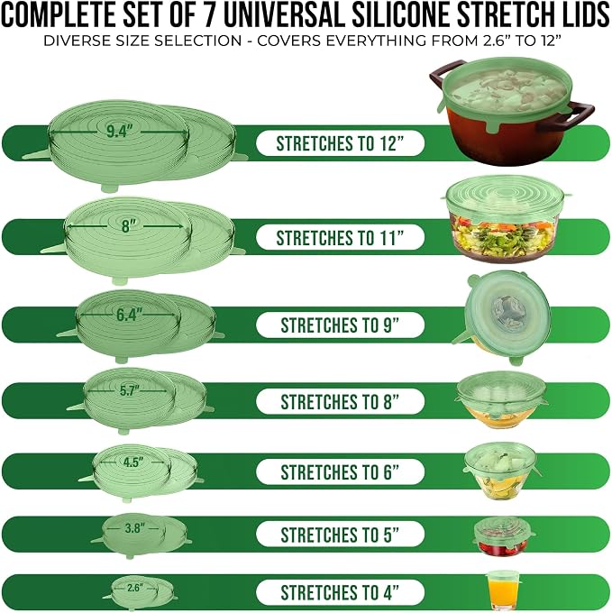 Reusable Silicone Stretch Lids for Food Storage in Fridge - Elastic Heat-Resistant Bowl Covers, Cups, Cans, Jars - Universal Food Grade Lid for Containers - 7 Pack - Light Green Stretchy Lid Set
