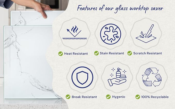 Glass Cutting Board 20”x16”: Tempered Glass Kitchen Counter Protector - Durable- Scratch-Resistant, Heat-Proof - Design 2 - White Marble Effect