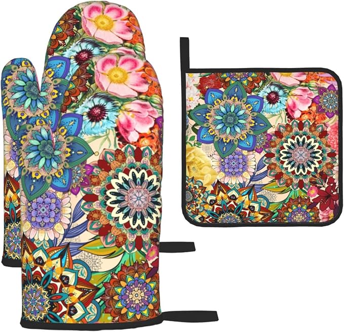 Boho Floral Oven Mitts and Pot Holders Sets of 3, Cute Baker Stuff | Heat Resistant Colorful Kitchen Gloves Hot Pads,Chef Cooking Gifts for Women Bakers,Kitchen Gifts for Baking Lover Cooks Mom