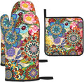 Boho Floral Oven Mitts and Pot Holders Sets of 3, Cute Baker Stuff | Heat Resistant Colorful Kitchen Gloves Hot Pads,Chef Cooking Gifts for Women Bakers,Kitchen Gifts for Baking Lover Cooks Mom