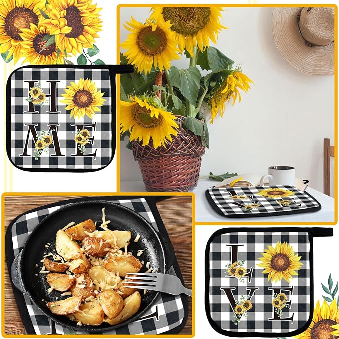 Bencailor 6 Pcs Sunflower Kitchen Decor Sunflower Kitchen Towels Black and White Plaid Pot Holders and Oven Mitts Sets 2 Farmhouse Cooking Mittens for Cooking Grilling Supply Accessories