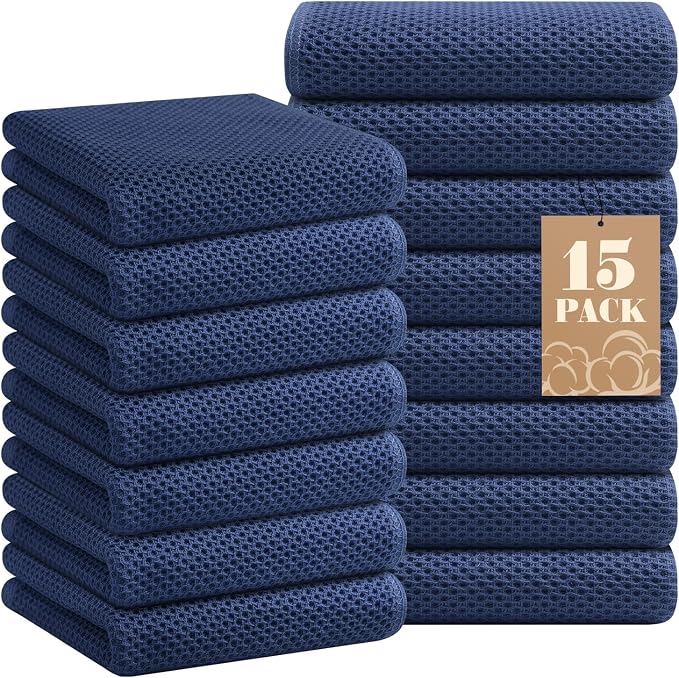 Homaxy 100% Cotton Waffle Weave Kitchen Towels, 15-Pack, Navy Blue | Ultra Soft Absorbent Dish Towels, Quick Drying Cleaning Towels, 13 x 28 Inches