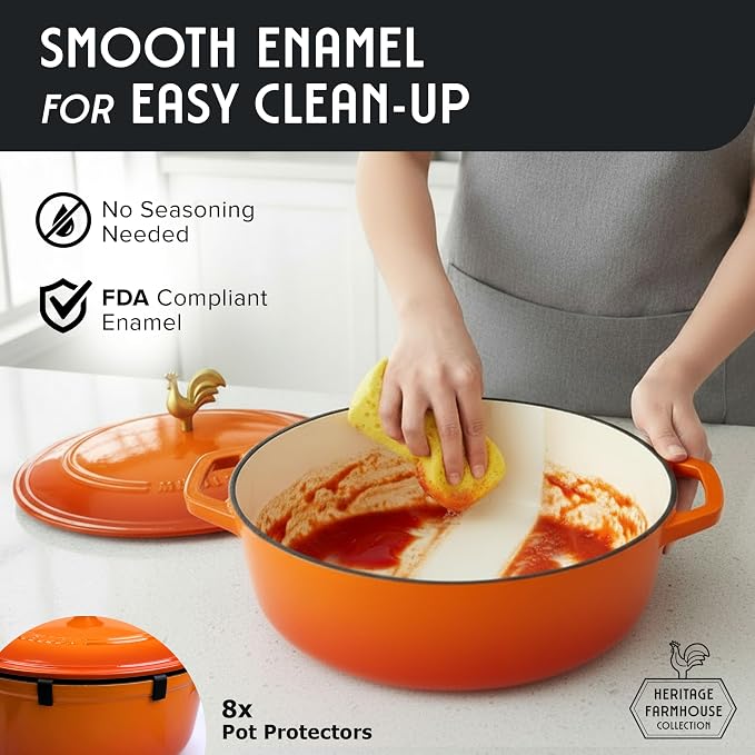 MUELLER HOME 5.5 Quart Enameled Cast Iron Oval Dutch Oven w Rooster Knob & Cotton Potholders, Heavy-Duty Cookware, Oven-Safe up to 500° F & Across All Cooktops, Gifts for Grandma & Women, Orange | Rooster Knob, Cotton Potholders Included, Heavy-Duty Co...