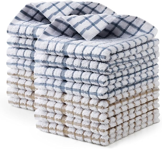 Egles 16 Pack Kitchen Dishcloths, 100% Cotton Dish Cloths, 12 x 12 Inch | Terry Dish Towel Set with Hanging Loop; Soft, Absorbent, Quick Drying and Reusable Grid Dishrag