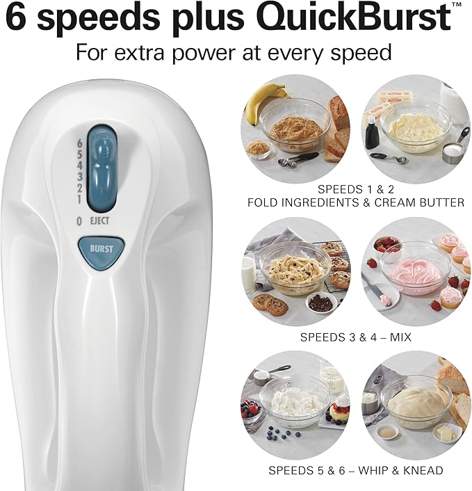 Hamilton Beach 6-Speed Electric Hand Mixer With QuickBurst and Bowl Rest | Powerful 250 Watt Motor | Traditional Beaters | Snap-On Storage Case | White | 62682G