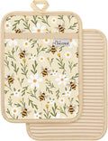 100% Thick Cotton Pot Holders Ribbed Soft Silicone Bee Flower | Stylish Pot Holders with Pockets, Ribbed Soft Silicone, Machine Washable Non-Slip Heat Resistant Hot Pads 2pcs, Kitchen Gift