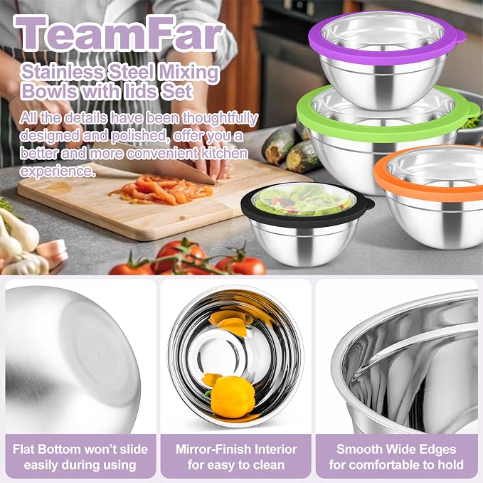 TeamFar Mixing Bowls Set, 4.5/3/1.5/1/0.7 QT Salad Bowl with Lids, Colorful | Stainless Steel Nesting Bowls with Visible Airtight Lids, For Serving/ Mixing/ Storing, Non-Toxic & Dishwasher Safe, Set of 5