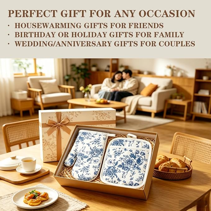 AnyDesign 4Pcs Blue Chinoiserie Floral Oven Mitts and Pot Holders Set | Heat Resistant Non-Slip Potholders Porcelain Flower Kitchen Oven Gloves with Hot Pads for Cooking Baking