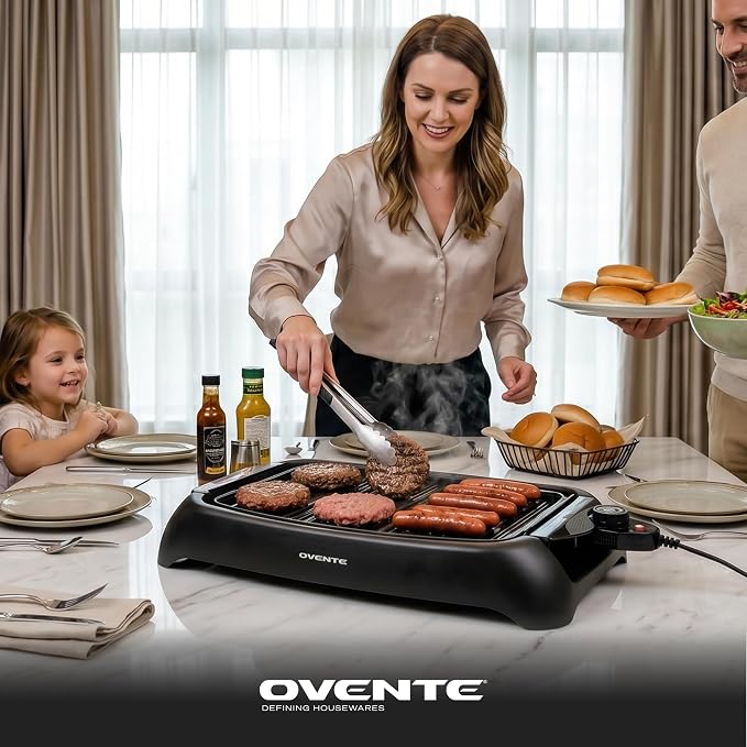 OVENTE Electric Indoor Grill, 13x10 Inch Non-Stick Plate, Black GD1632NLB | 1000W Fast Heat Up Power, Adjustable Temperature, Removable and Dishwasher Safe Grilling Plate and Drip Tray