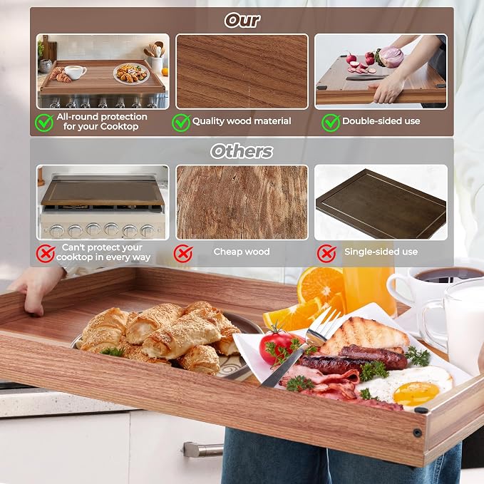 WOLKI Wooden Noodle Board Stove Top Cover For Gas Burners & Electric Stoves | 30"L x 22"W x 2.5"Th Heavy-Duty Stove Cover With Built-In Handles For RV Stoves, Serving Tray & Space Saver