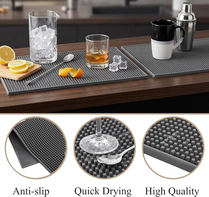 Tebery 3 Pack Rubber Bar Mat 18 x 12, Thick Durable and Stylish Bar Service Spill Mat, Non Slip Non-Toxic Grey Service Mat for Coffee, Bars, Restaurants Counter Top