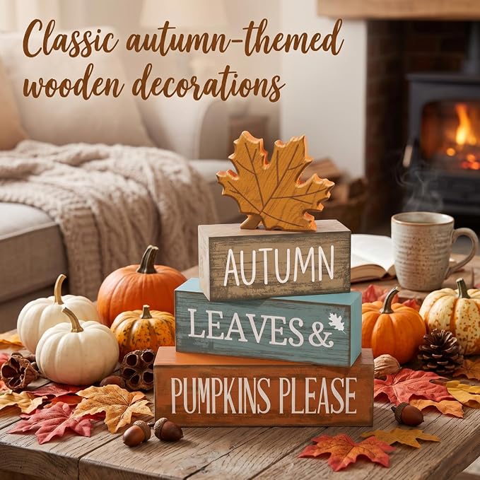 Lineshading 4 Pcs Fall Decorations For Home Wooden Maple Leaf Thanksgiving | Rustic Fall Table Centerpiece with Maple Leaf, Stacked Leaves Pumpkins Signs, Seasonal Harvest Theme, Sunflower Accents