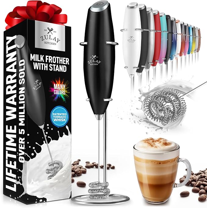 Zulay Powerful Milk Frother for Coffee with Upgraded Titanium Motor - Handheld Electric Whisk, Milk Foamer, Mini Mixer & Coffee Blender for Frappe, Latte, Matcha, No Stand - Ultra Black