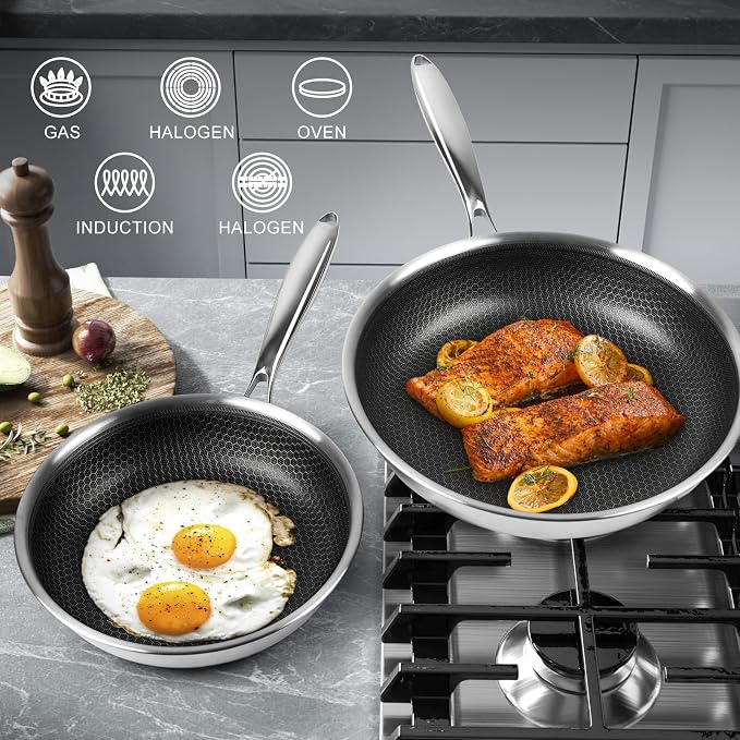 Innerwell 8" Non Stick Frying Pans,Stainless Steel Nonstick Frying Pan | Honeycomb nonstick coating, PFOA-free & non-toxic. Compatible with All Stoves, Easy to clean.Oven &Dishwasher Safe