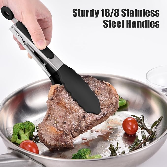 Doosu Kitchen Tongs with Silicone Tips for Cooking Serving (7in, Black) | 600°F Heat Resistant Food Tong, Heavy Duty Stainless Steel Locking Tong for BBQ, Grilling Steak, Salad, Toast, Pasta