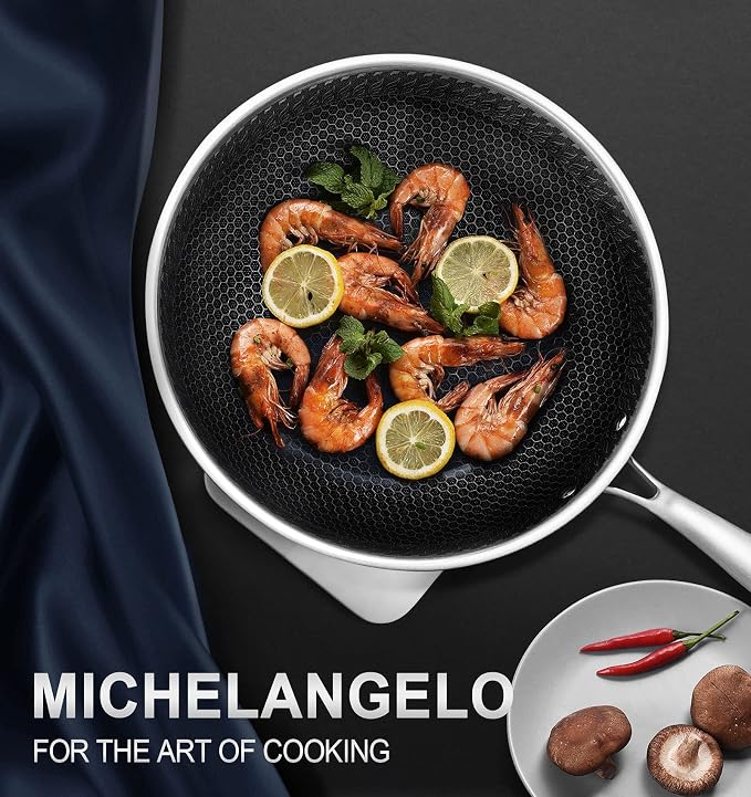 MICHELANGELO Wok Pan with Lid, 12 Inch Stainless Steel Wok with Spider Strainer and Steaming Rack, Honeycomb & Stir-fry Pans Flat Bottom Wok Induction Compatible, Dishwasher and Oven Safe