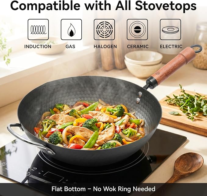 WANGYUANJI Flat Bottom Wok Pan, 12.6 Inch Carbon Steel Stir Fry Pan with Lid, Uncoated Heavy Duty Iron Woks for Cooking, Compatible with Induction Gas Electric Stovetops, Deep Frying Skillet Cookware