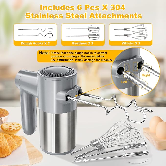 binROC Cordless Electric Hand Mixer, 7-Speed with Storage Base, Silver | Rechargeable, Eject Button, Long Battery, Quiet Anti-Splash, 6×304 Stainless Attachments, Self-Stand for Cake, Dough Baking