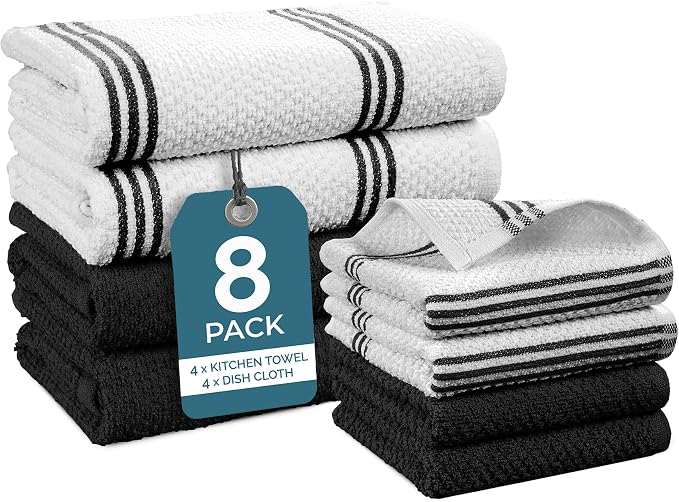Casa Platino Kitchen Towel Set 8 Pc - 4 Dish Towels for Kitchen (16"x26") & 4 Dish Cloths (13"x13") - Absorbent, Quick Dry, Durable Cleaning Cloth & Hand Towels With Hanging Loop for Cleaning - Black.