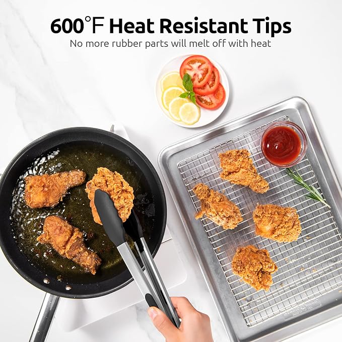 U-Taste Kitchen Tongs for Cooking, 600ºF Heat-Resistant Silicone, 2Pc/Black | Tong Utensils Set 9/12in, Salad/Grill/BBQ Plastic Tong for Food Serving, Rubber Tipped Tong with 18/8 Stainless Steel Handle