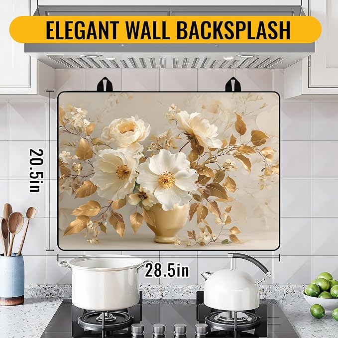 NYZE Gold Leaves & Cream Floral Stove Top Cover for Electric/Glass Stove, Flat Top Cooktop Protector, Electric Cooktop Cover, Extra Counter Space for Kitchen