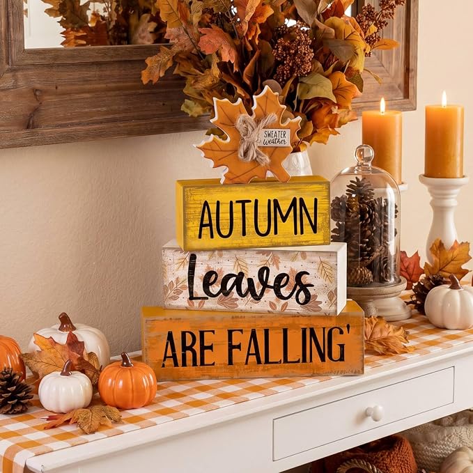 Lineshading 4 Pcs Wooden Fall Block Signs Farmhouse Tabletop Tiered Tray | Rustic Autumn Theme, Stackable Wooden Blocks for Mantel Shelf, Thanksgiving Seasonal Gift, Farmhouse Style Home Accents