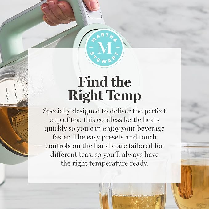 Martha Stewart 1.7L Glass Carafe Electric Kettle with Removable Tea Infuser | 7 Cups, 4 Presets, Rapid Boiling, Stainless Steel Tea Leaf Infuser, Cordless Swivel Base, Keep Warm, Auto Shut-Off, Honeydew