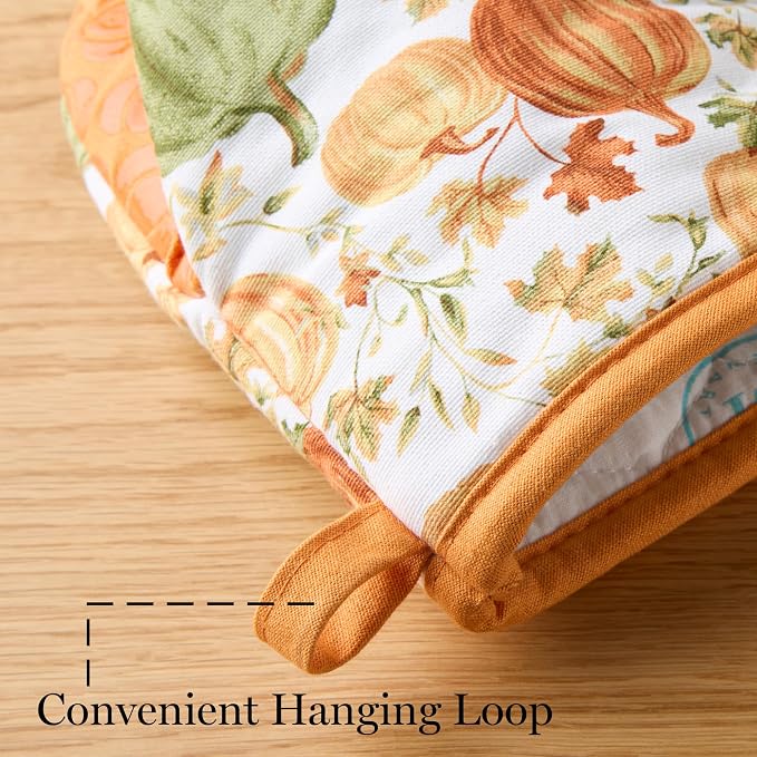 MARTHA STEWART Autumn Harvest Pumpkins Mini Oven Mitt 2-Pack Set, 100% Cotton with Decorative Non-Slip Silicone Grip, Heat Resistant, Orange/Green/Ivory, 5.5"X8"