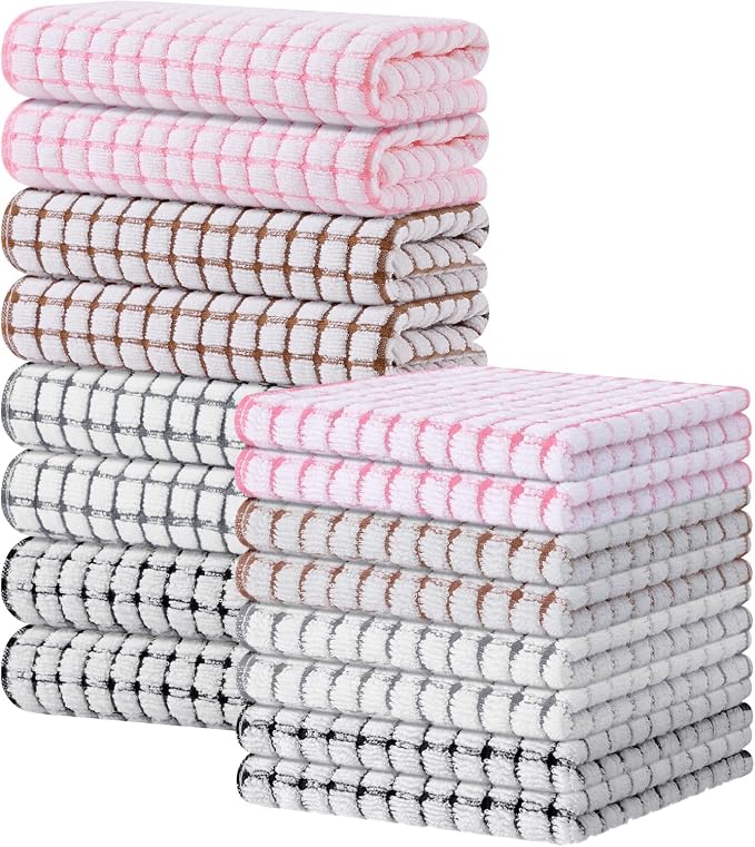 Kitinjoy Cotton 16 Pack Kitchen Towels and Dishcloths Sets, Mix Color | 16 x 25 Inch & 12 X 12 Inch Dish Towels Bulk, Super Soft and Absorbent hand towels for kitchen Drying